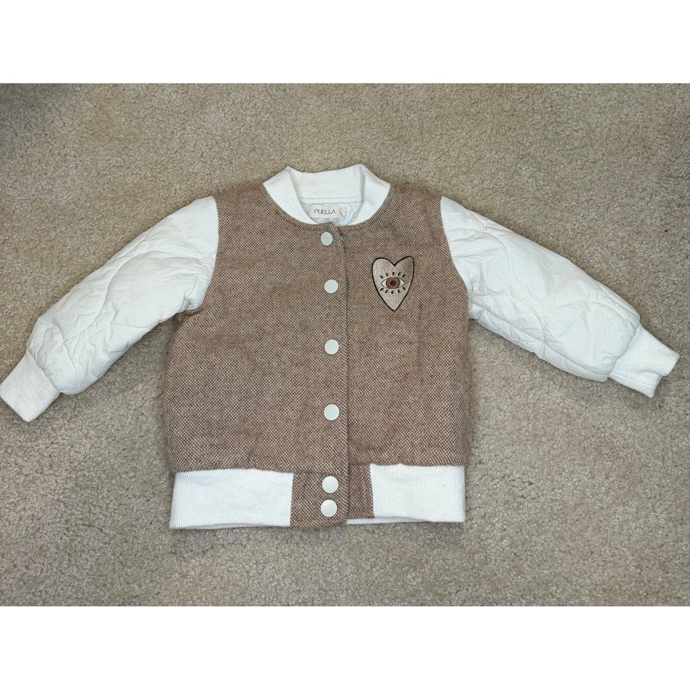 Puella Tan Varsity Bomber Jacket Kids Heart Eye Patch Tweed Wool Blend EXC 2T